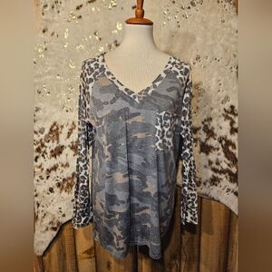 Leopard and Camo V-Neck Long Sleeve Top